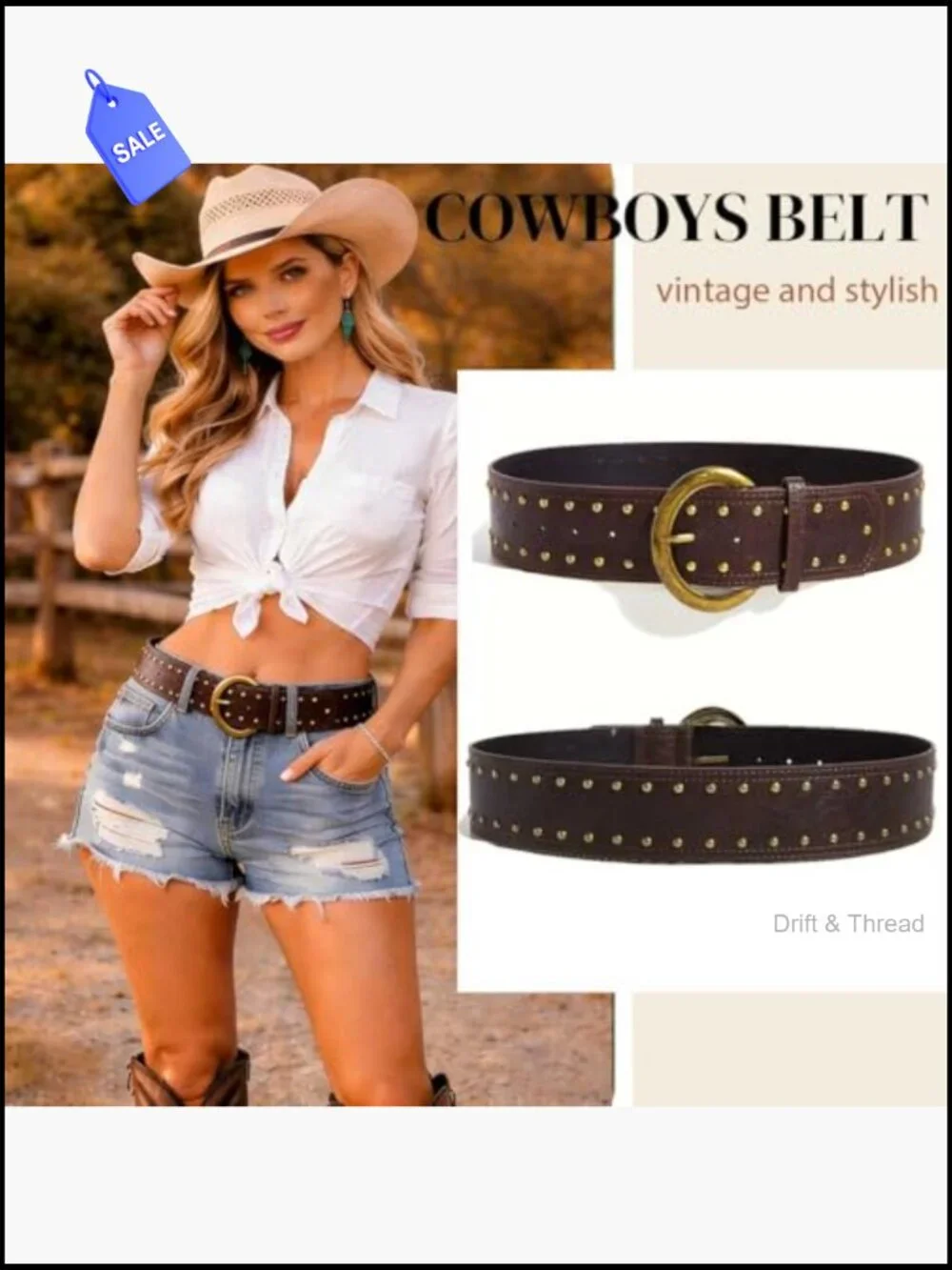 Wide Western Cowgirl Leather Belt Chunky Metal Buckle for Jeans Dresses